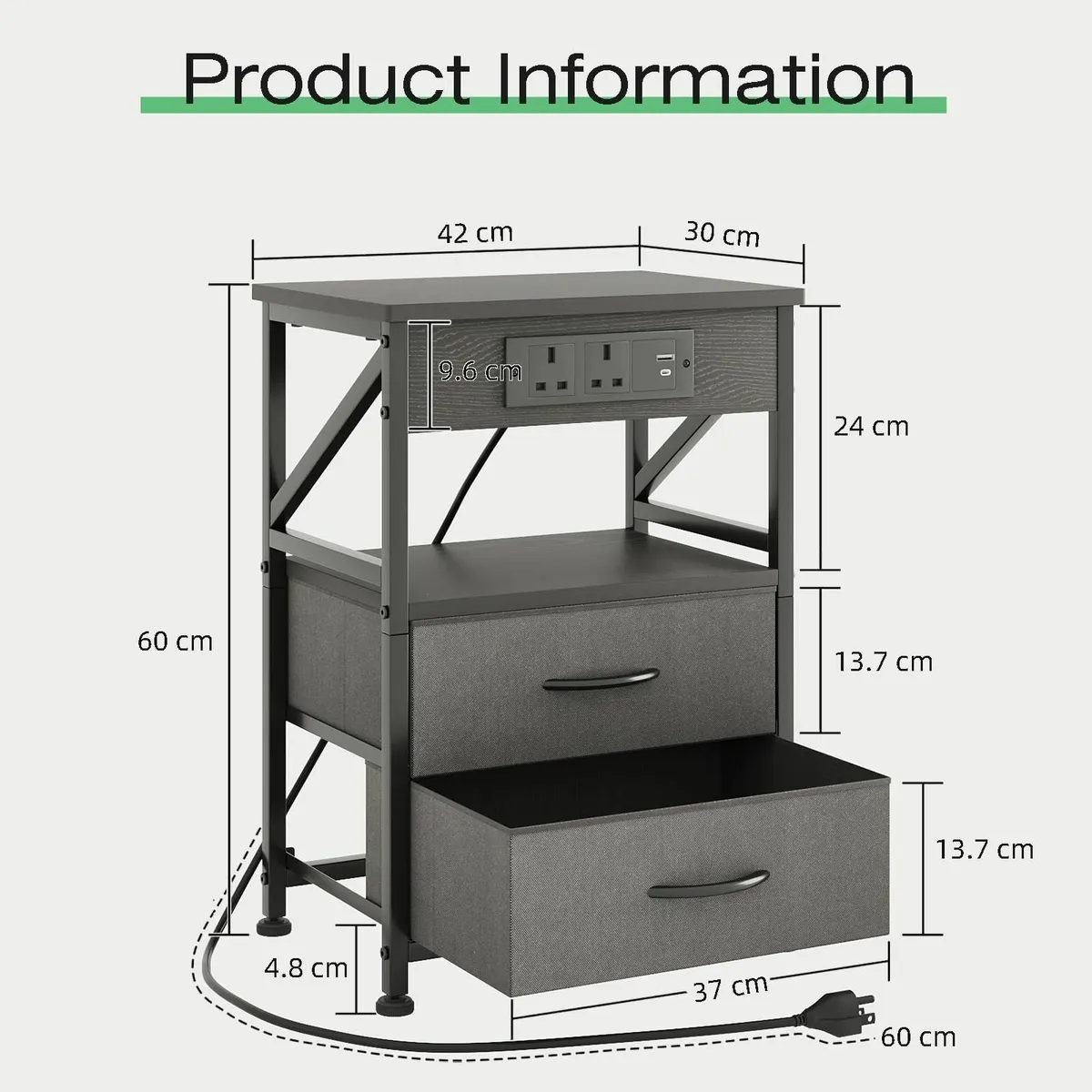 2 PCS Bedside Table with Power Strip Cabinet - Image 2