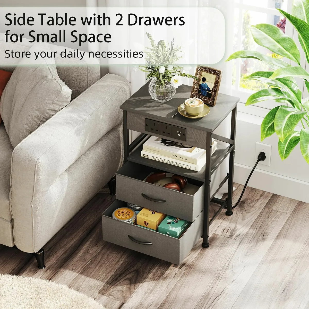 2 PCS Bedside Table with Power Strip Cabinet - Image 3