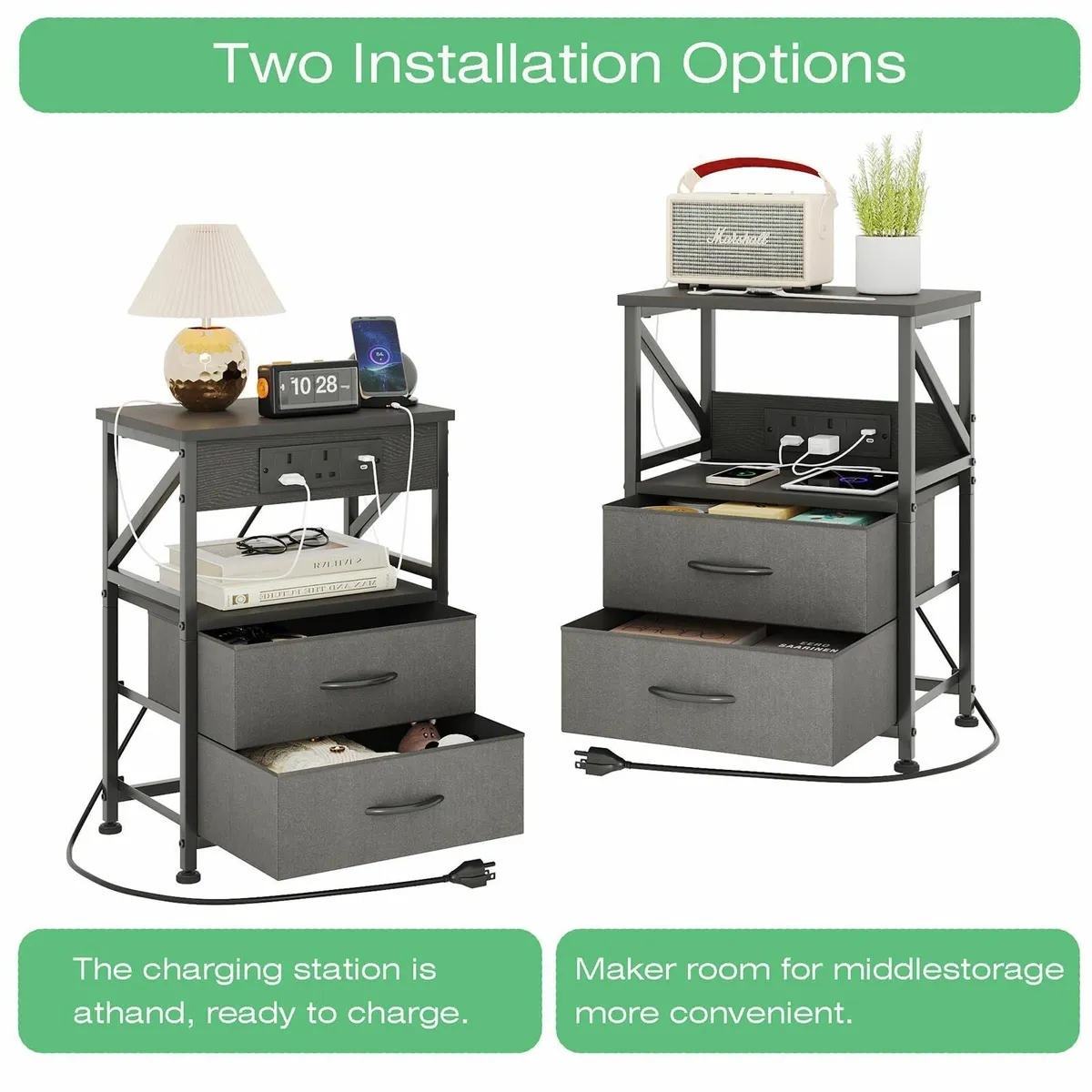 2 PCS Bedside Table with Power Strip Cabinet - Image 4