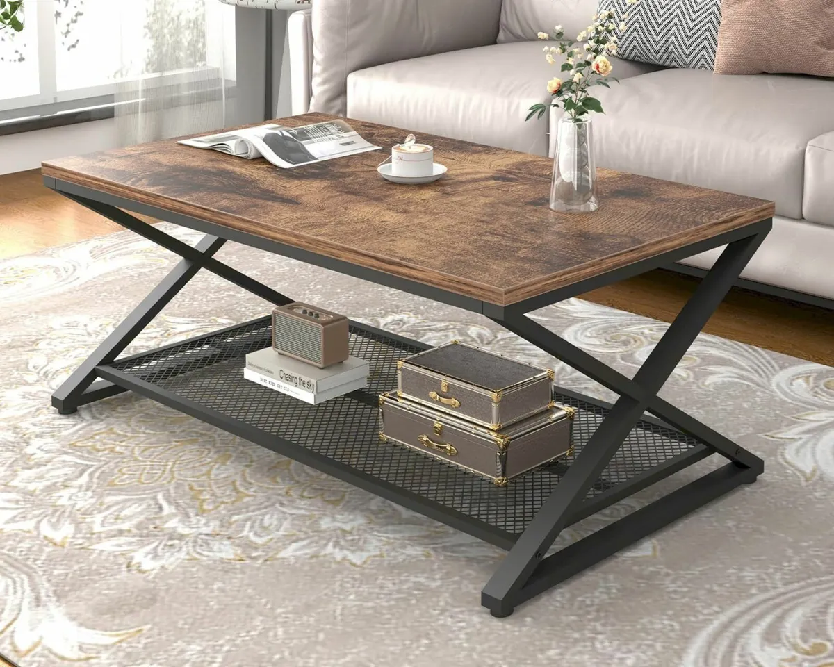 2 Tier Coffee Table Industrial Wood Metal Center - Image 1
