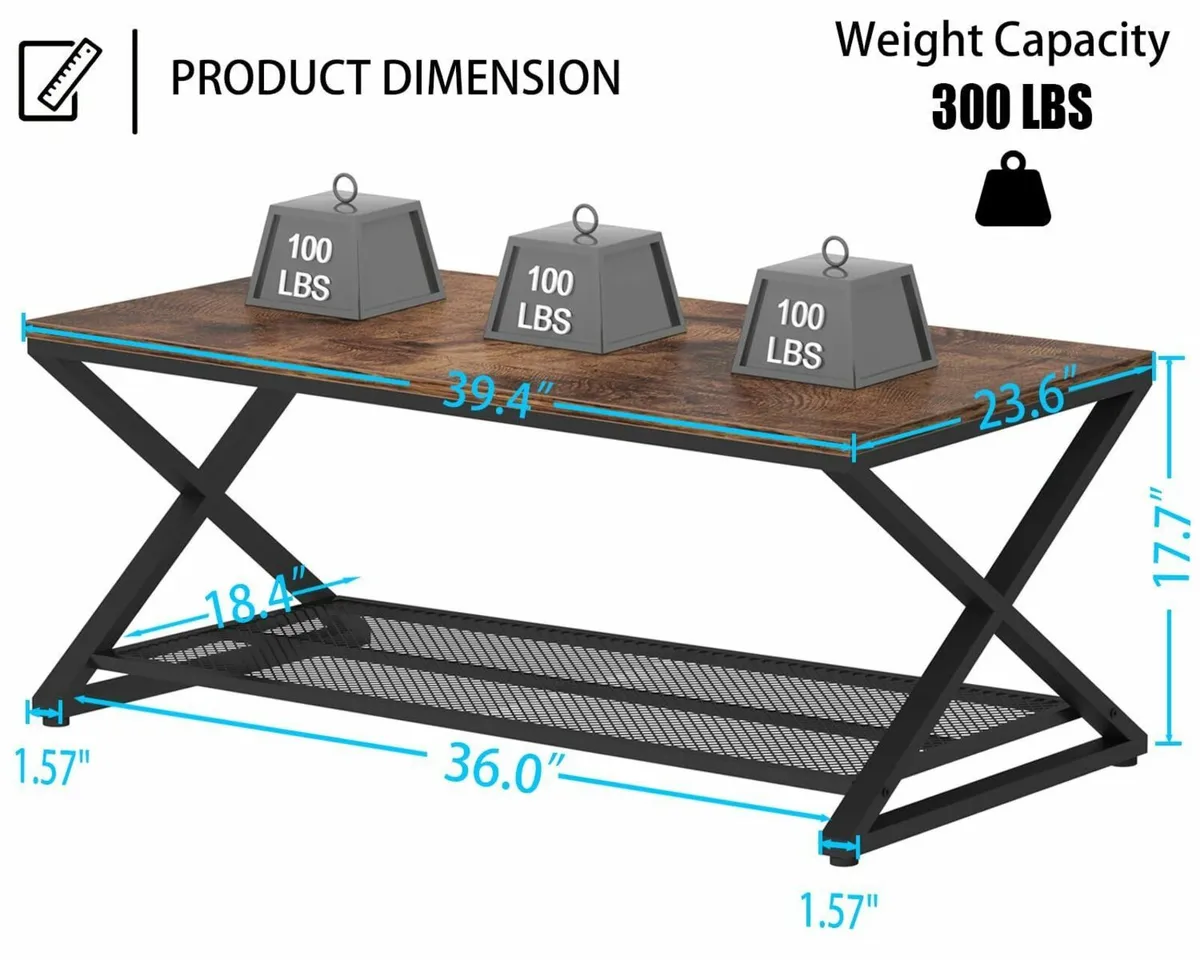 2 Tier Coffee Table Industrial Wood Metal Center - Image 2