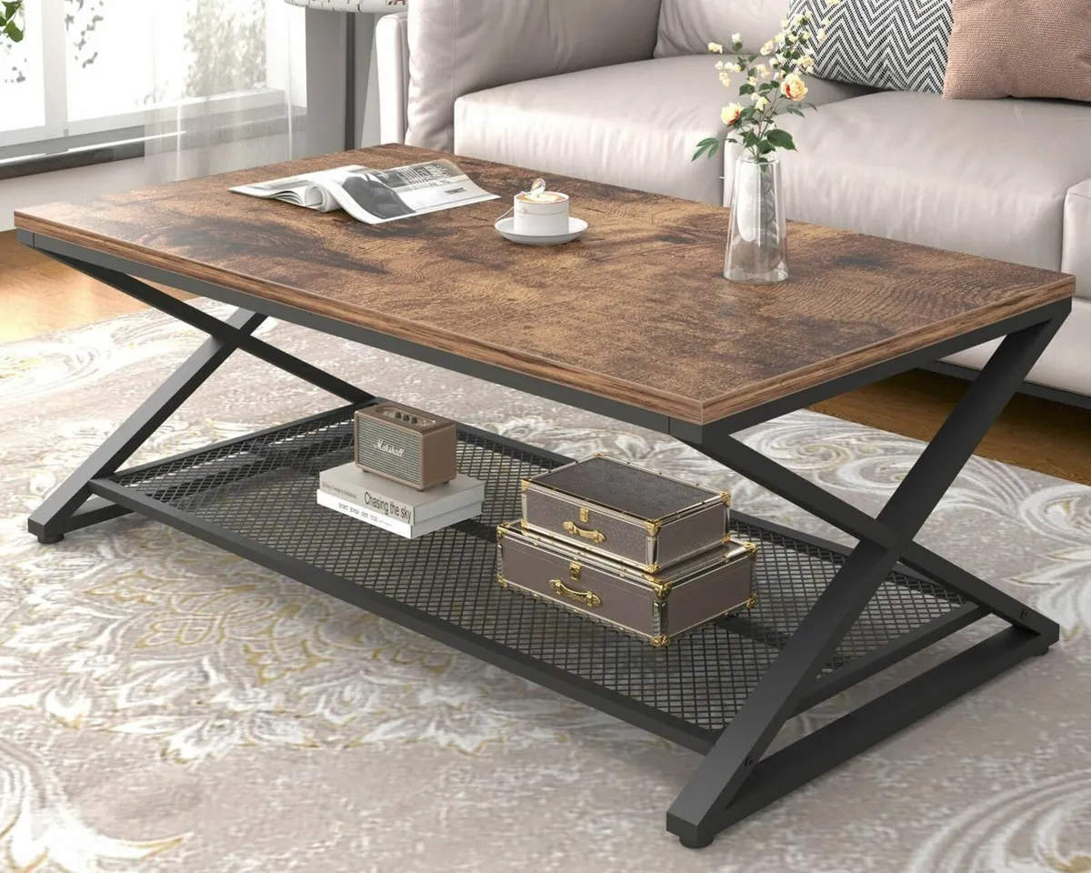 2 Tier Coffee Table Industrial Wood Metal Center - Image 1