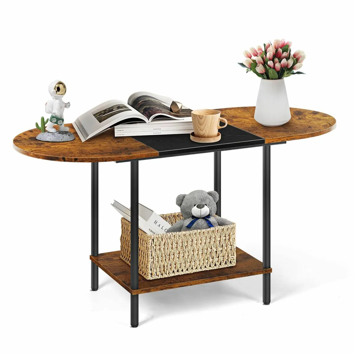 Small Coffee Table 90cm Wooden Side 2-Tier Oval - Image 1