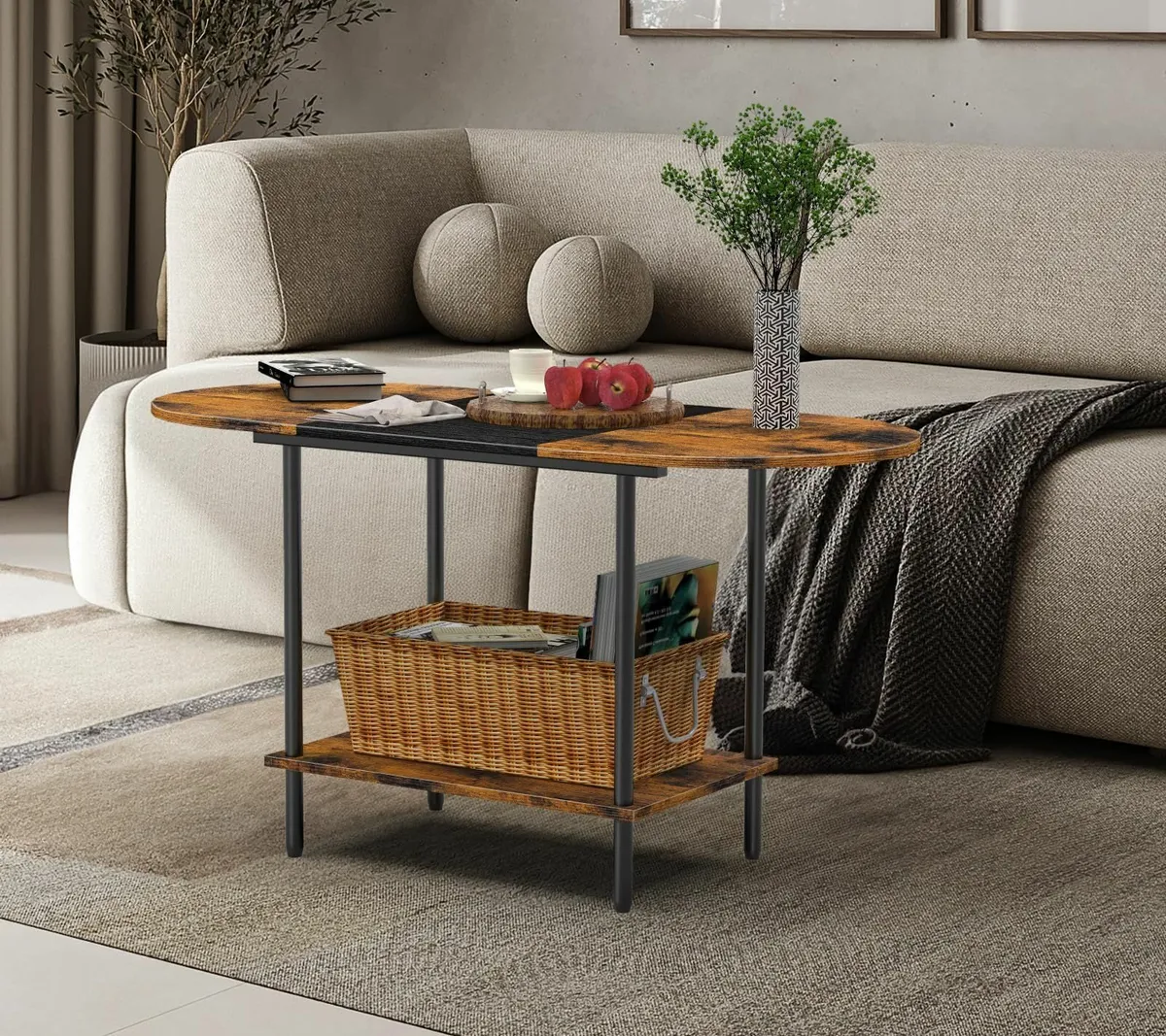 Small Coffee Table 90cm Wooden Side 2-Tier Oval - Image 4
