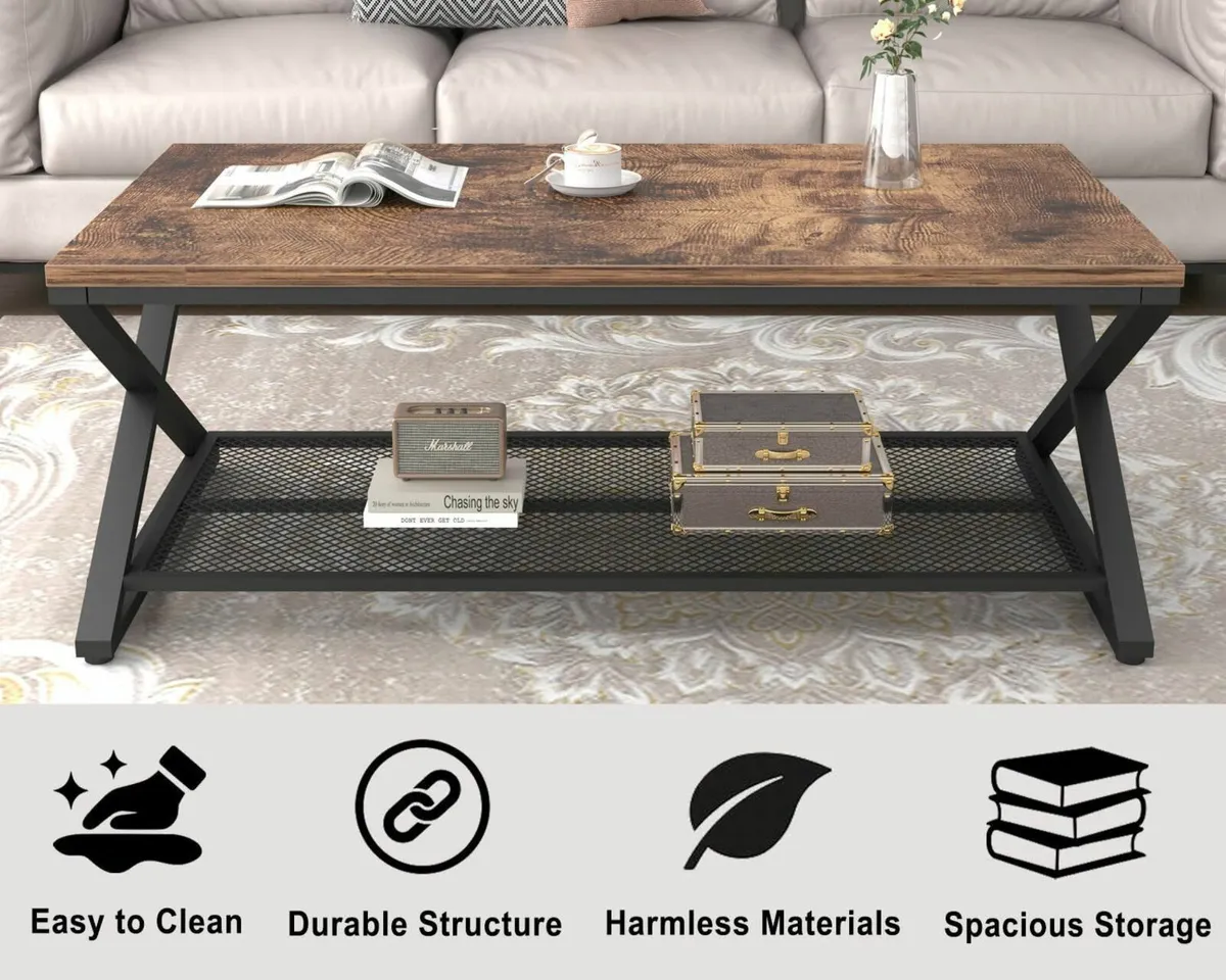 2 Tier Coffee Table Industrial Wood Metal Center - Image 4