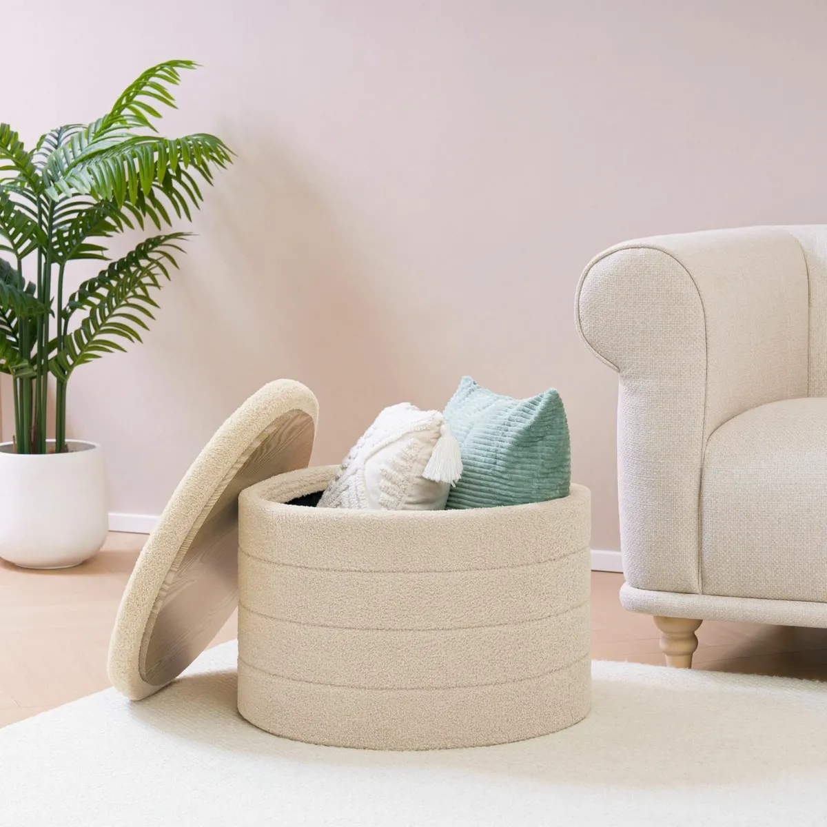 Ottoman with Storage Folding Boucle Stool Coffee - Image 2