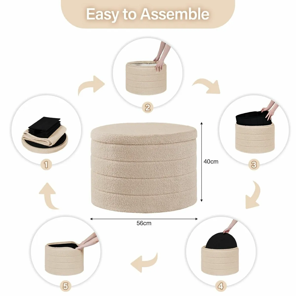 Ottoman with Storage Folding Boucle Stool Coffee - Image 3