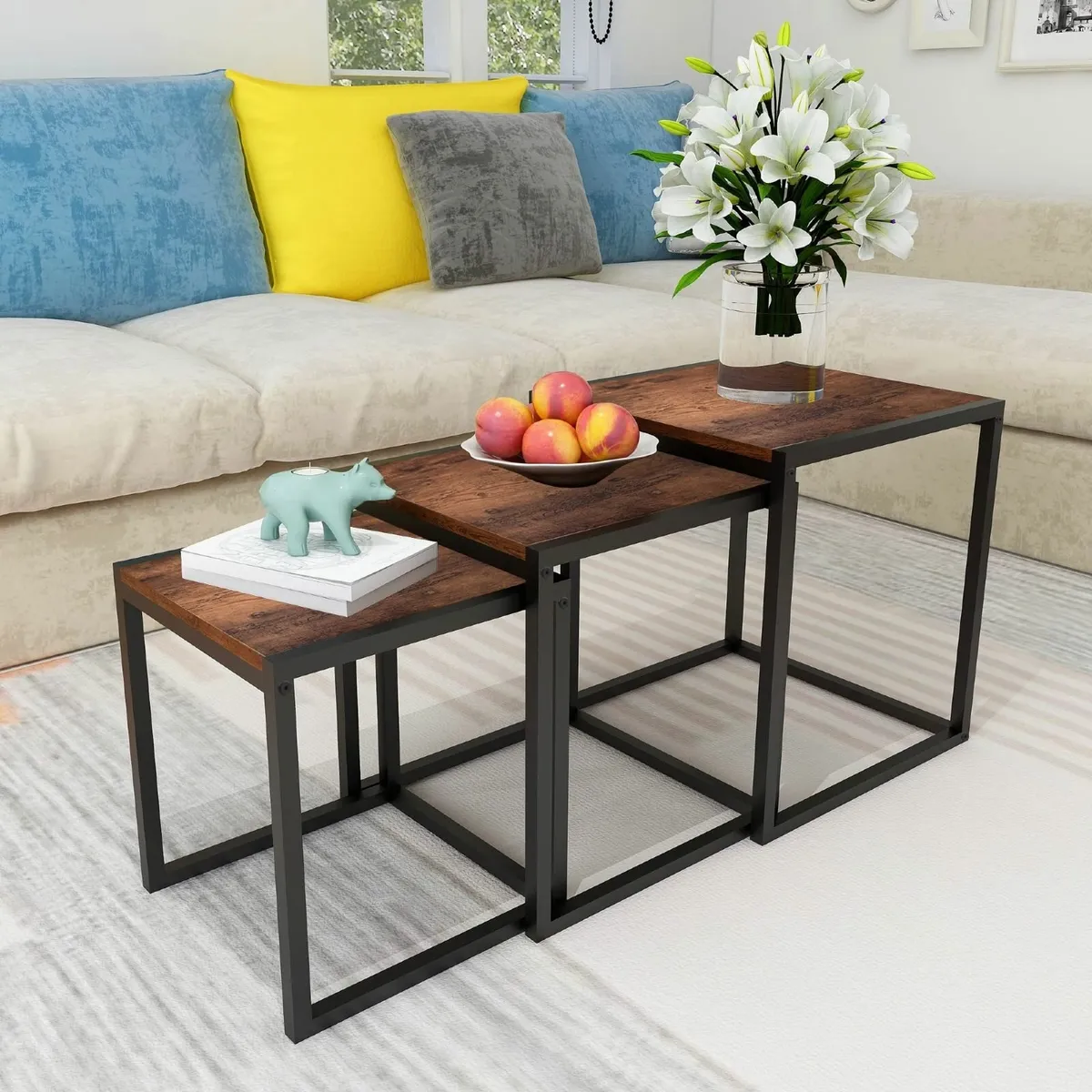 Nesting Table Set of 3 Side Wooden Tables Square - Image 3
