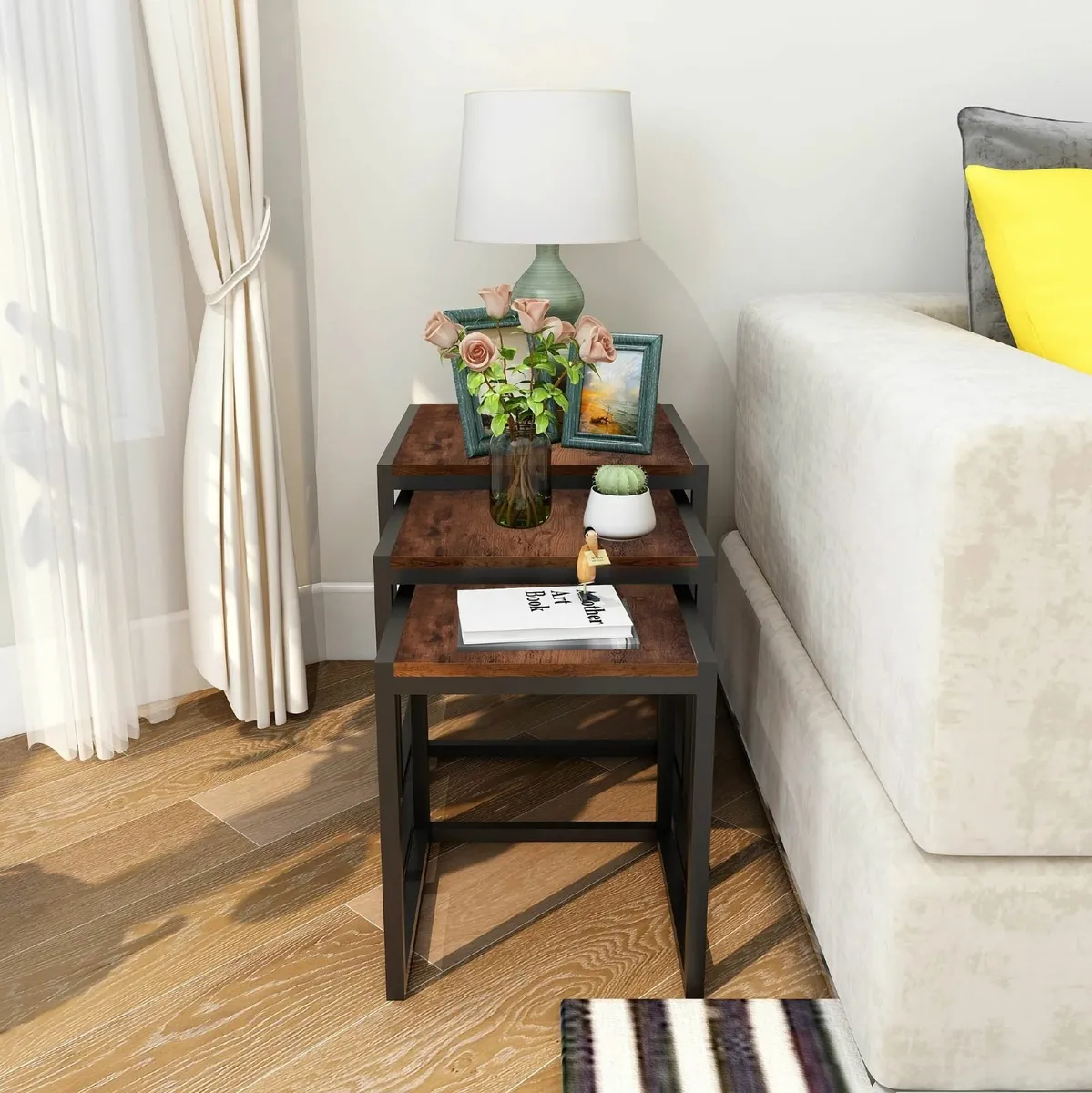 Nesting Table Set of 3 Side Wooden Tables Square - Image 4