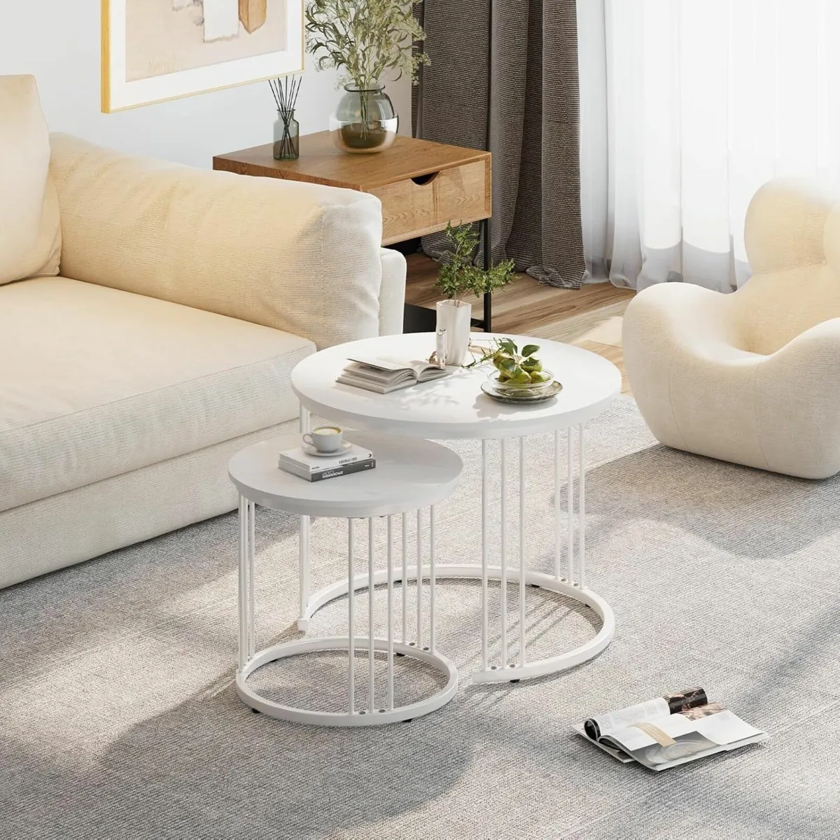 Round Coffee Tables Set of 2 End Table Nesting - Image 2