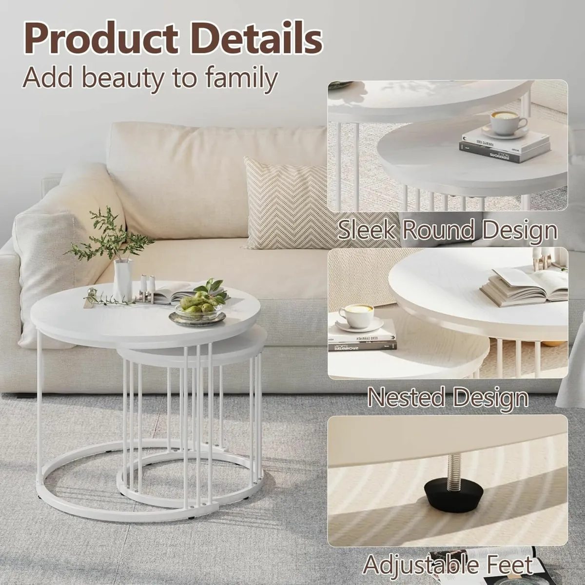 Round Coffee Tables Set of 2 End Table Nesting - Image 4