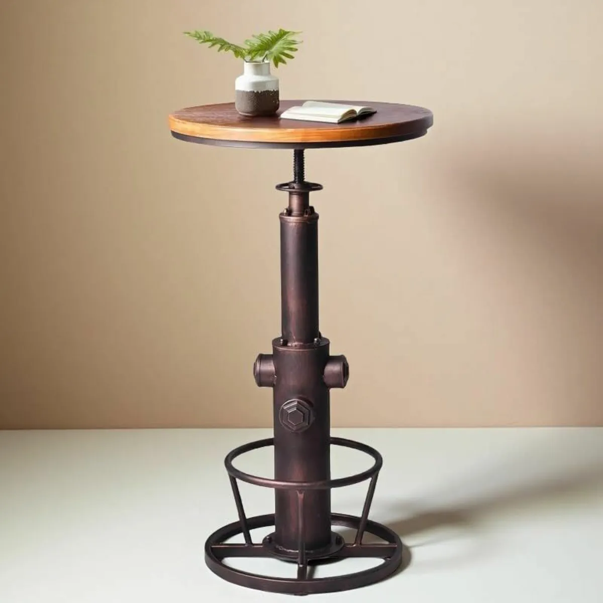 Industrial Bar Table Swivel Round Wooden Top - Image 1