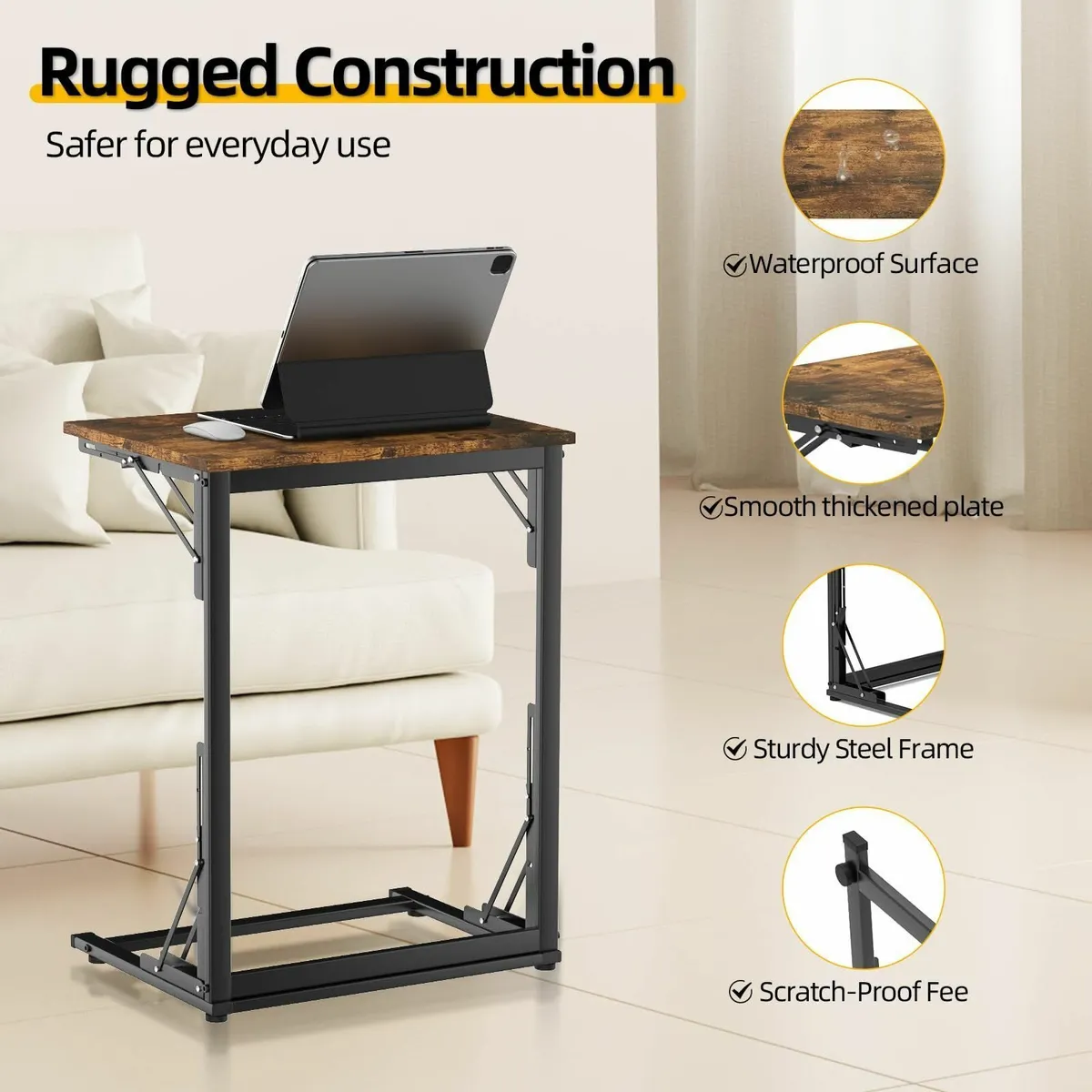 C-Shaped Side Table Foldable Laptop Sturdy Steel - Image 3