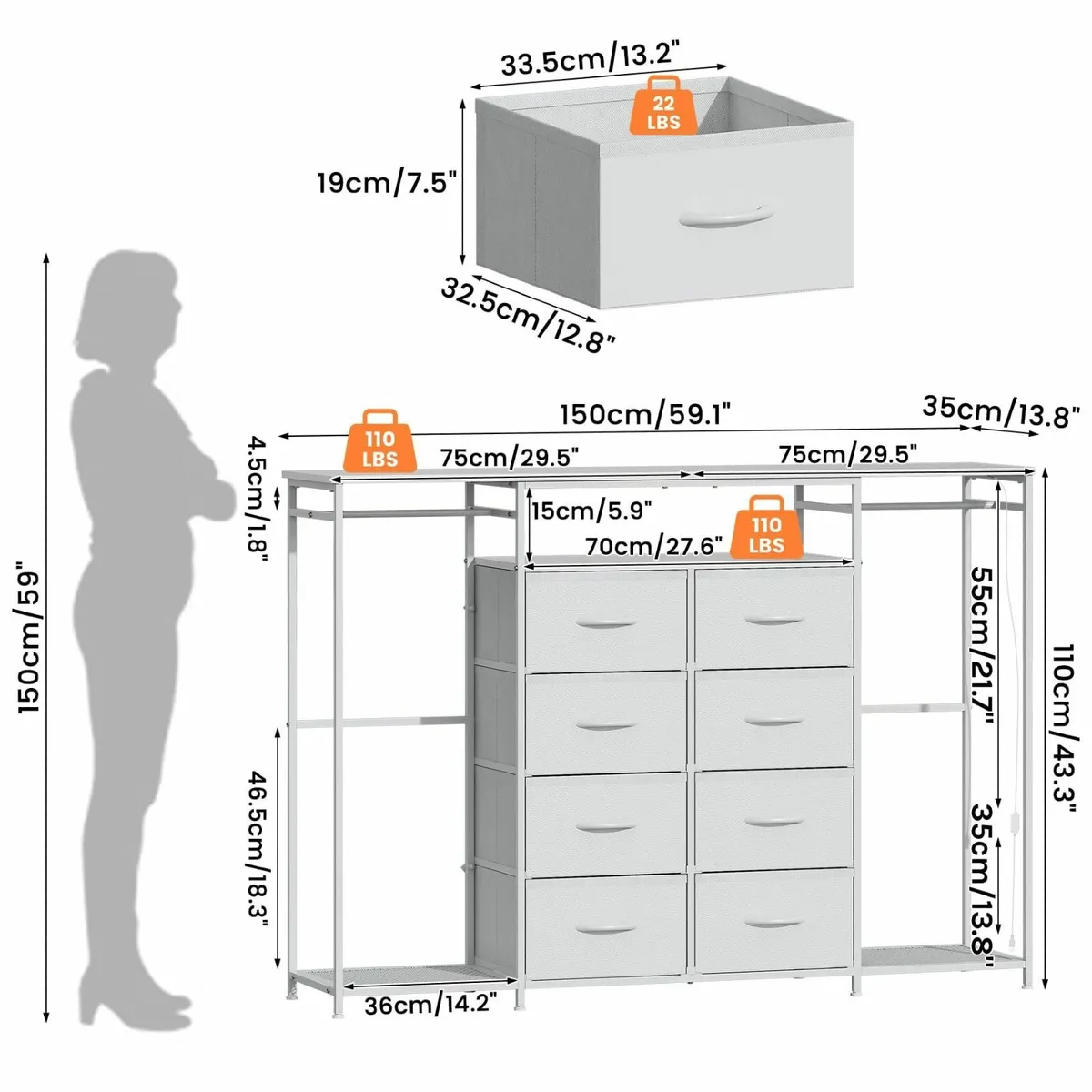 8-Drawer Dresser for Bedroom with Hanging Rack - Image 2