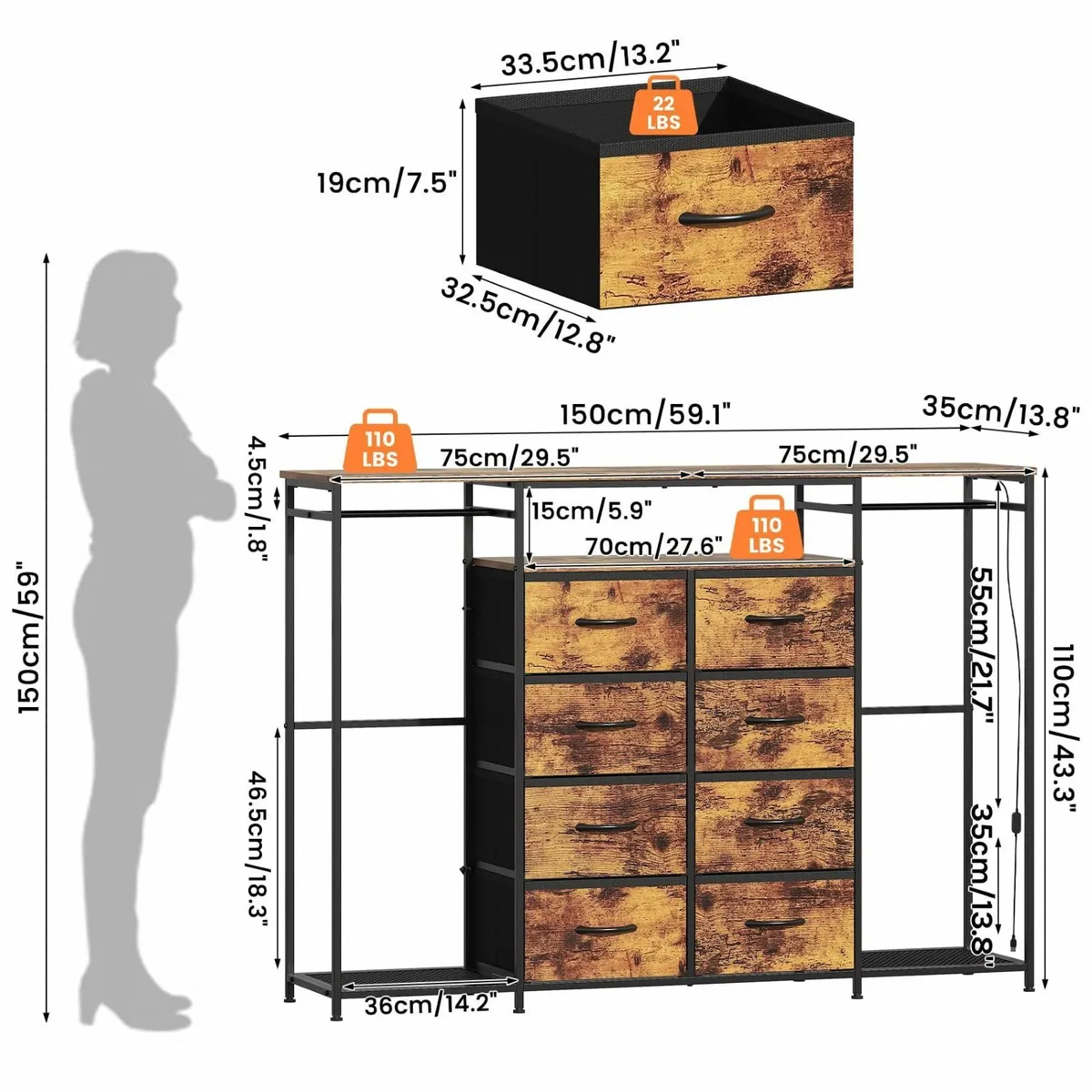 8-Drawer Dresser for Bedroom with Hanging Rack - Image 2