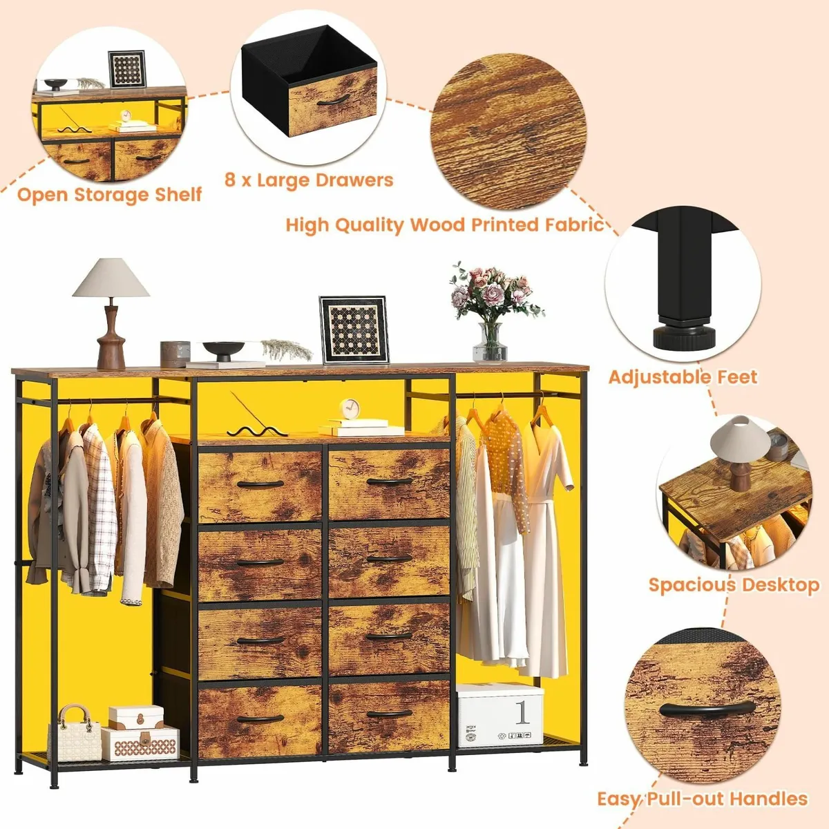 8-Drawer Dresser for Bedroom with Hanging Rack - Image 4