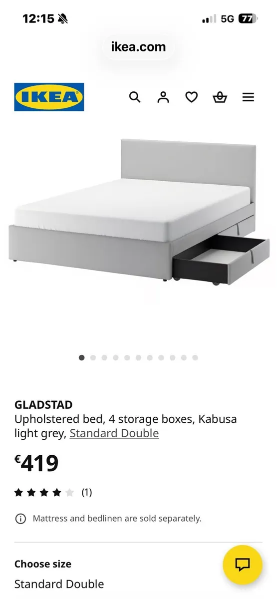 Grey double bed frame with 4 drawers & mattress - Image 1