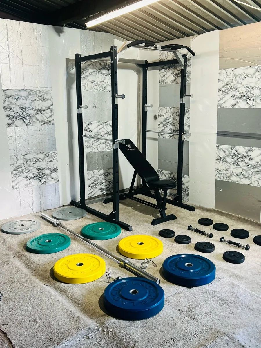 OLYMPIC WEIGHTLIFTING SET RACK WEIGHTS BENCH ETC - Image 1