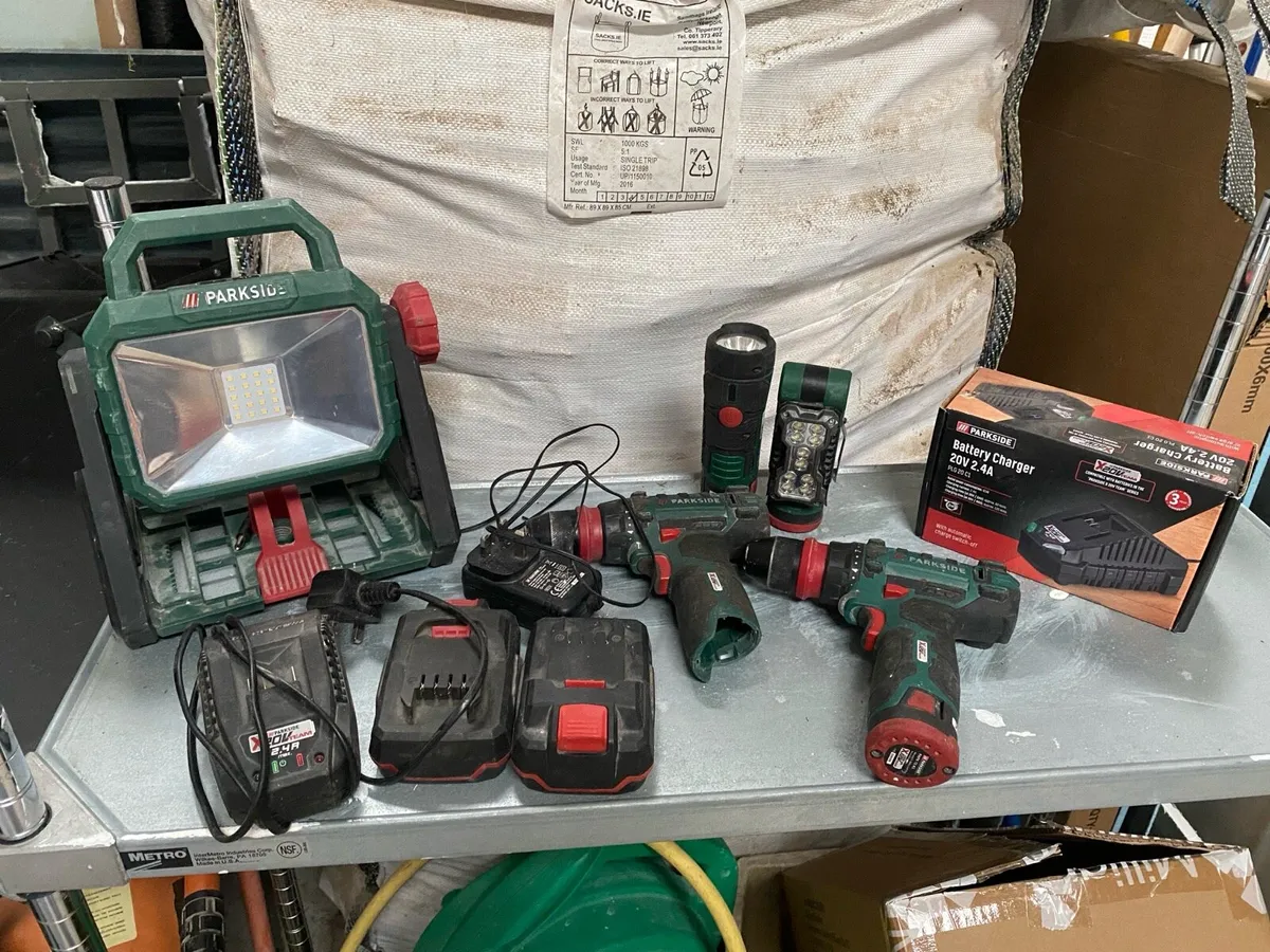 Parkside tools. Drills light batteries chargers