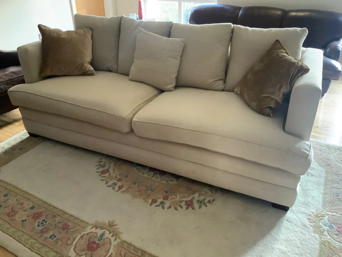 7 foot  linen cream  couch with wooden legs - Image 1