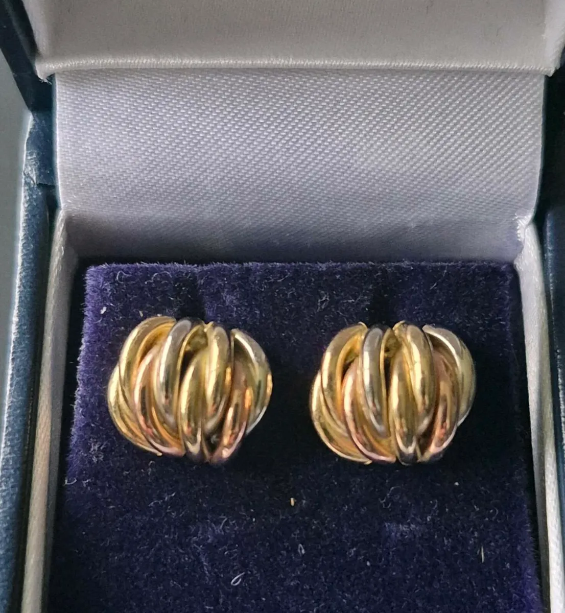 9ct 3 Tone Gold Basket Weave Earrings - Image 1