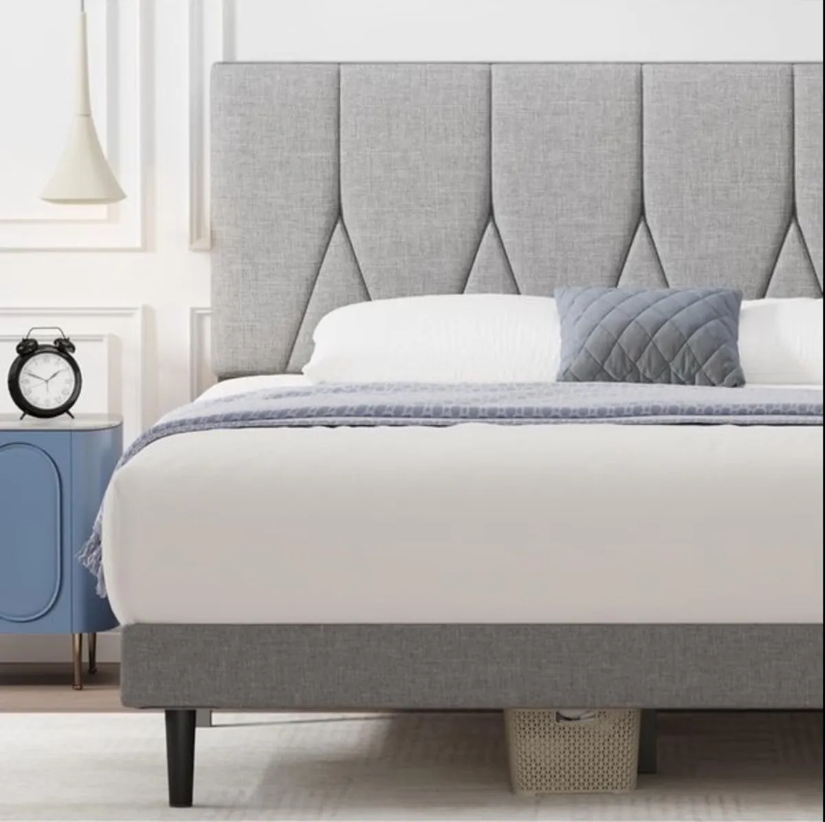 King Bed Frame, Light Grey, Upholstered Wooden Sla - Image 2