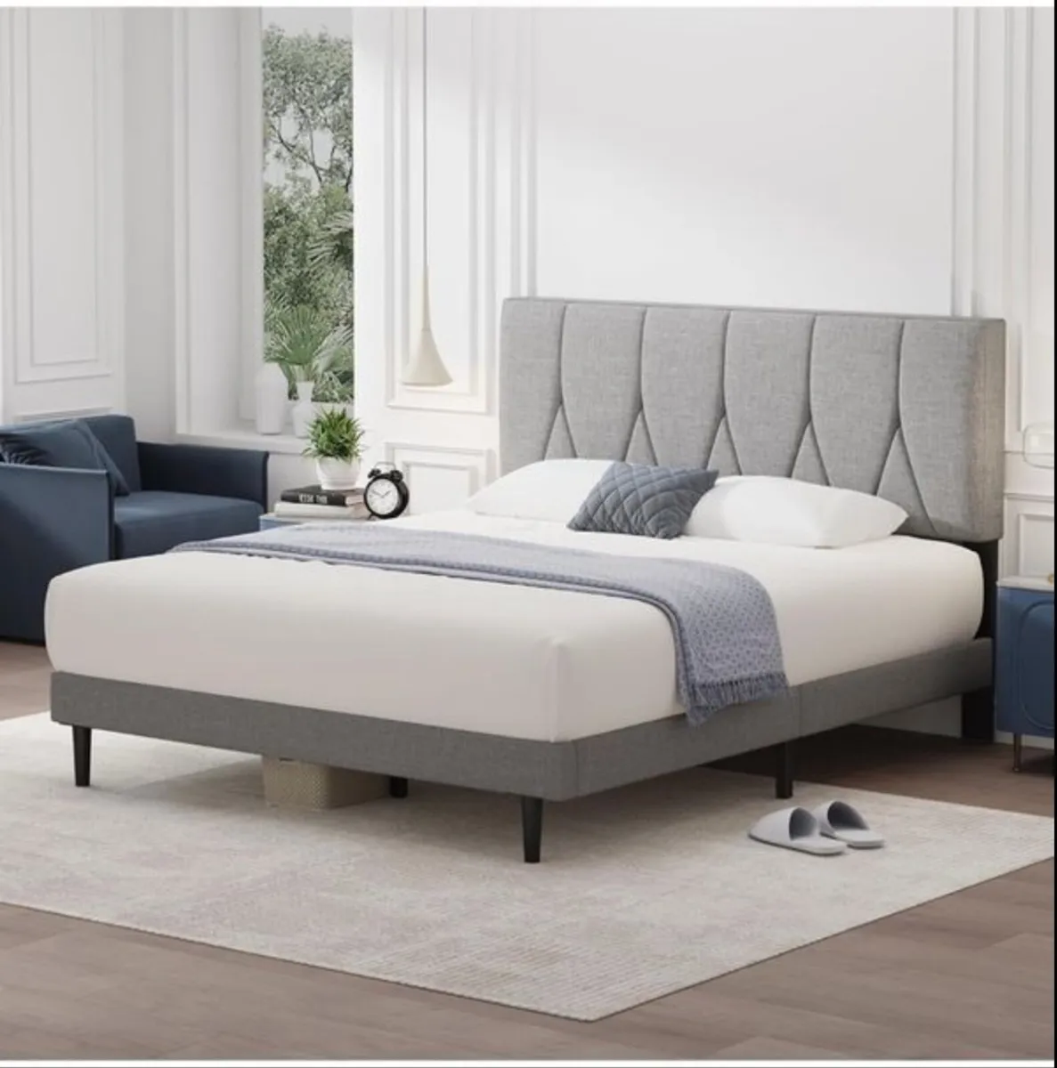 King Bed Frame, Light Grey, Upholstered Wooden Sla - Image 1