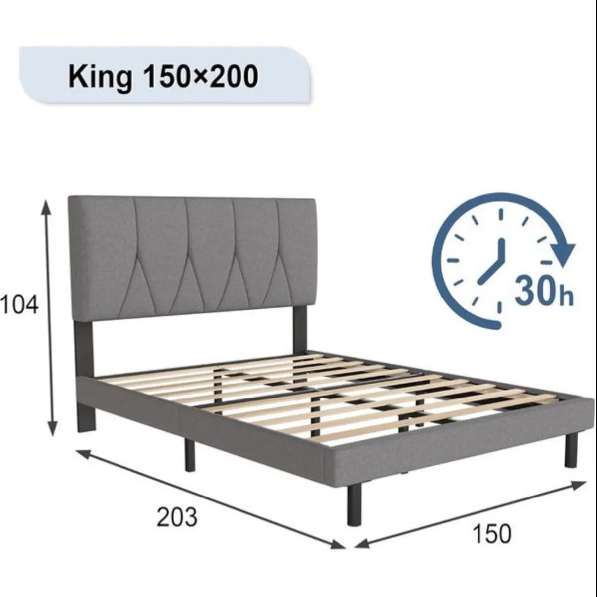 King Bed Frame, Light Grey, Upholstered Wooden Sla - Image 2