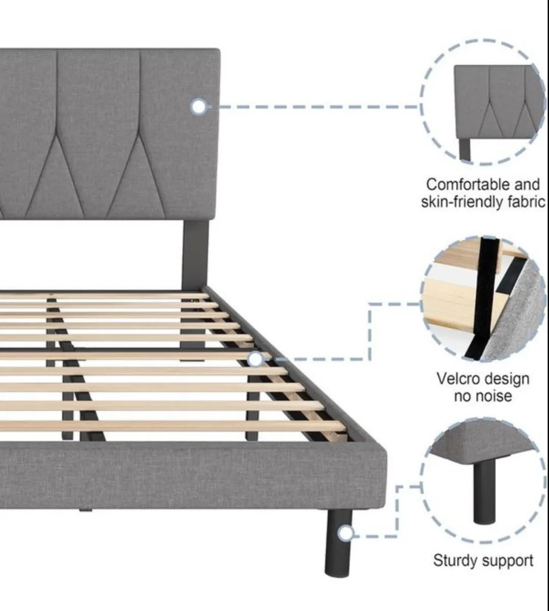 King Bed Frame, Light Grey, Upholstered Wooden Sla - Image 4