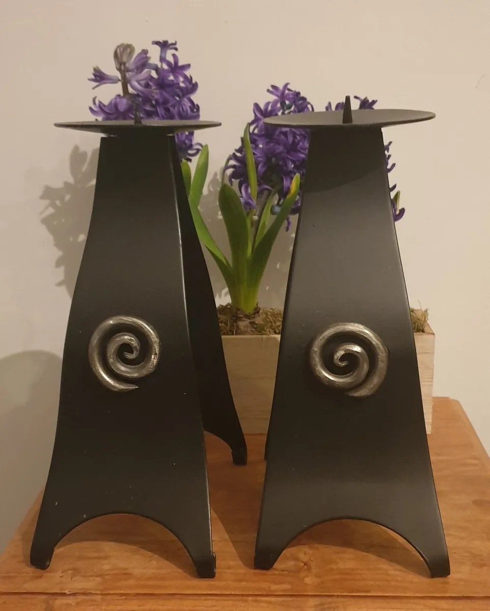 Pair of Tall Metal Candle Holders - Image 1