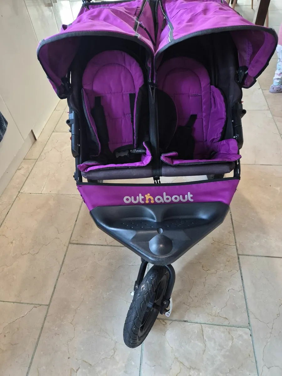 Out n about double buggy pram purple - Image 3