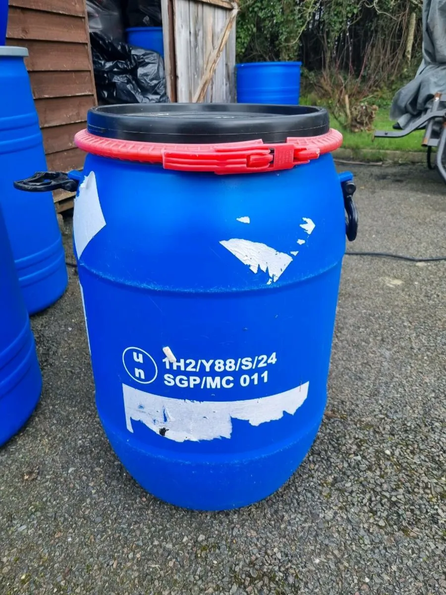 60L plastic barrels with clamped lids 20e each - Image 1