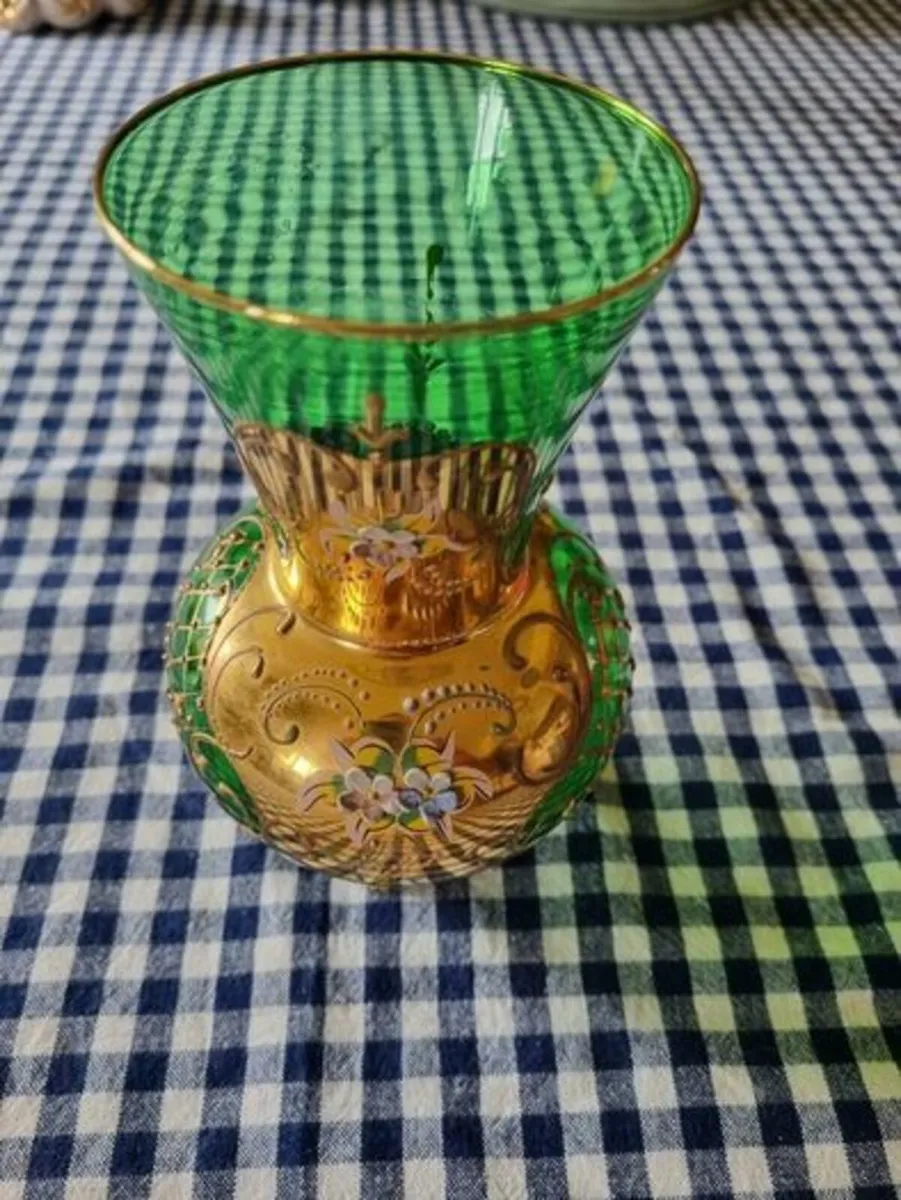 Vintage Bohemian Glass Czech Green Gold Vase - Image 3