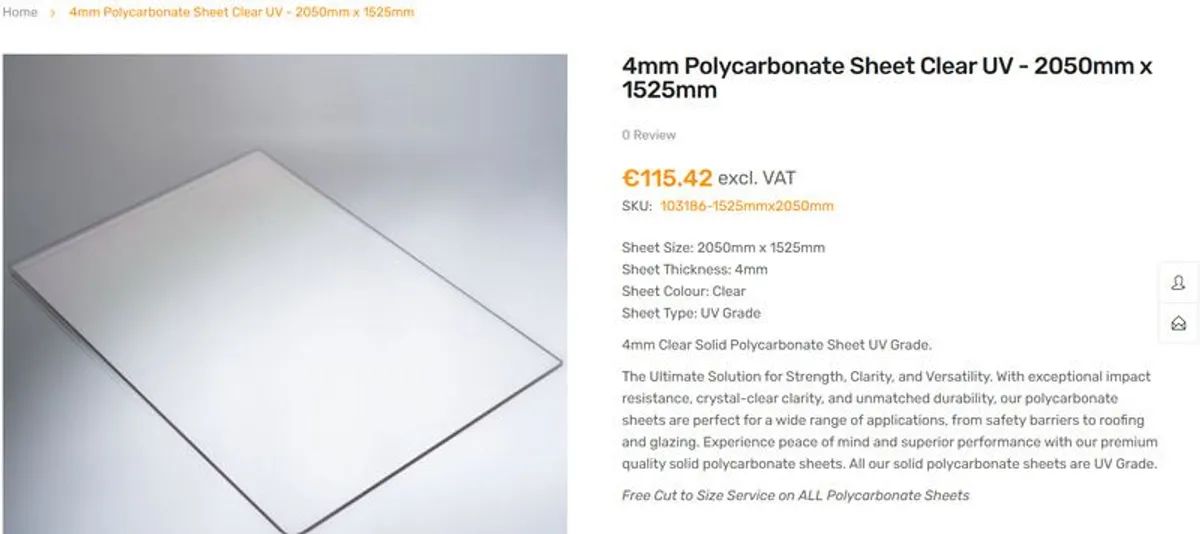 4mm perspex Sheet Clear UV - 2050mm x 1525mm