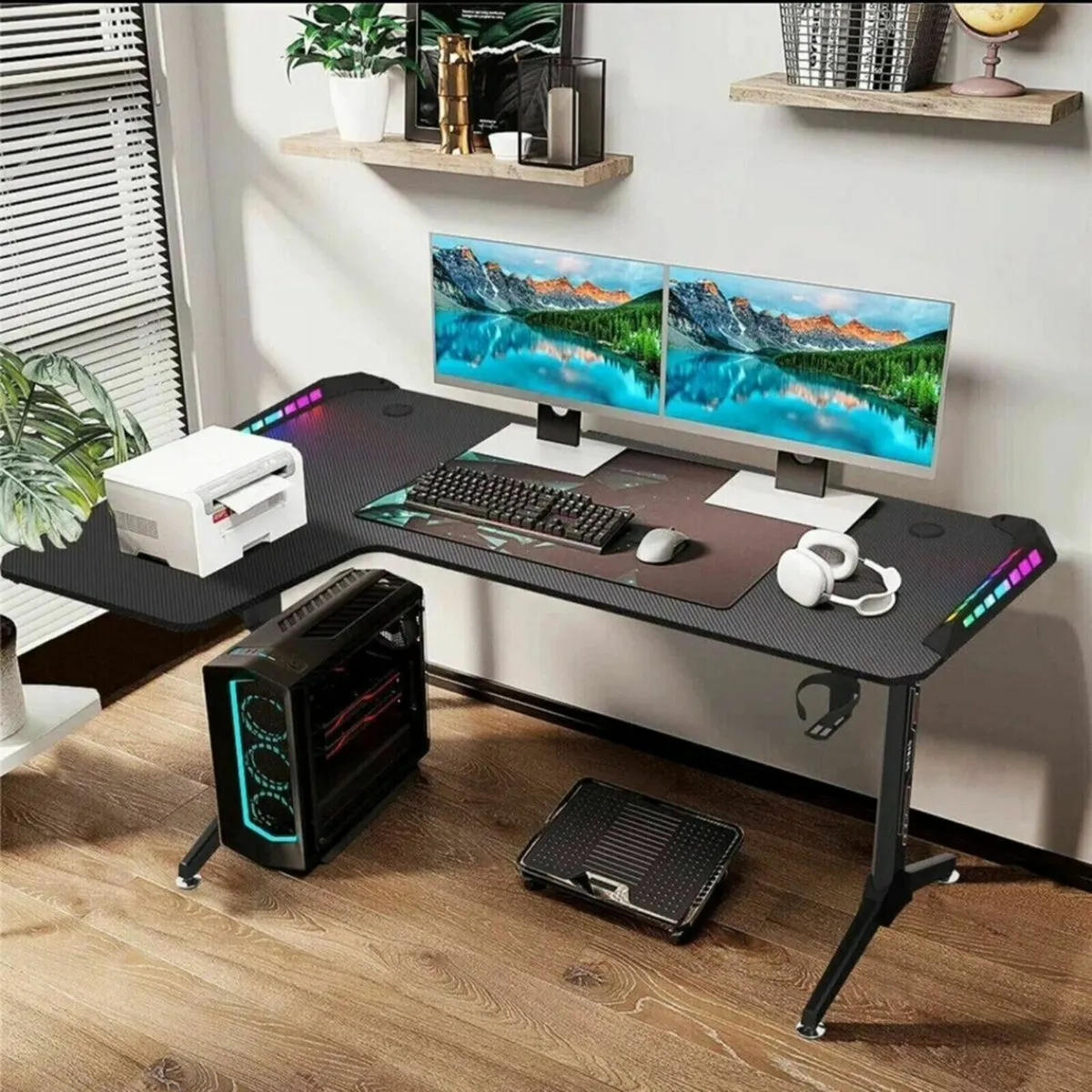 Gaming desk L-shape corner desk with led lights - Image 1