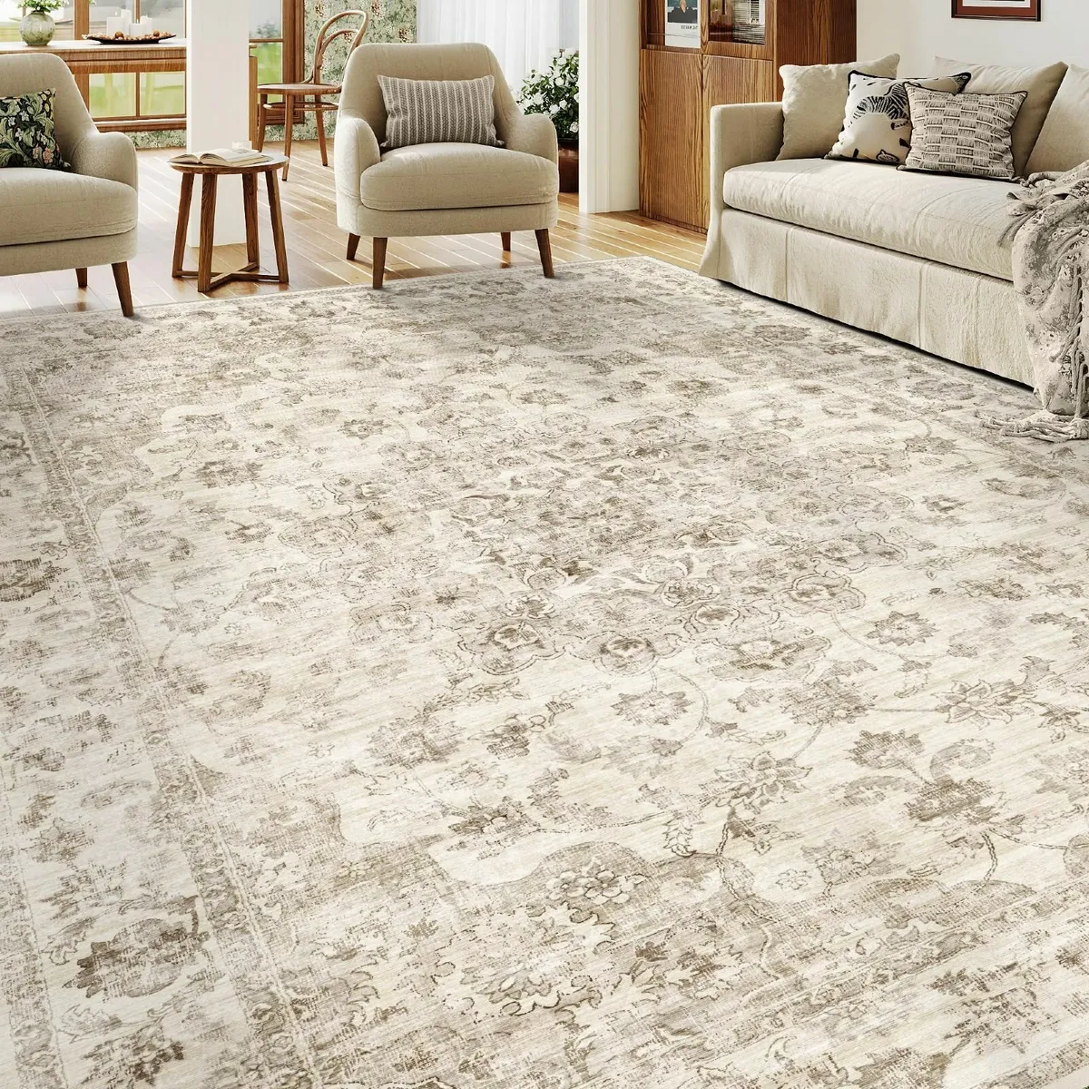 Vintage Rugs Living Room Beige Large Area Rug - Image 4