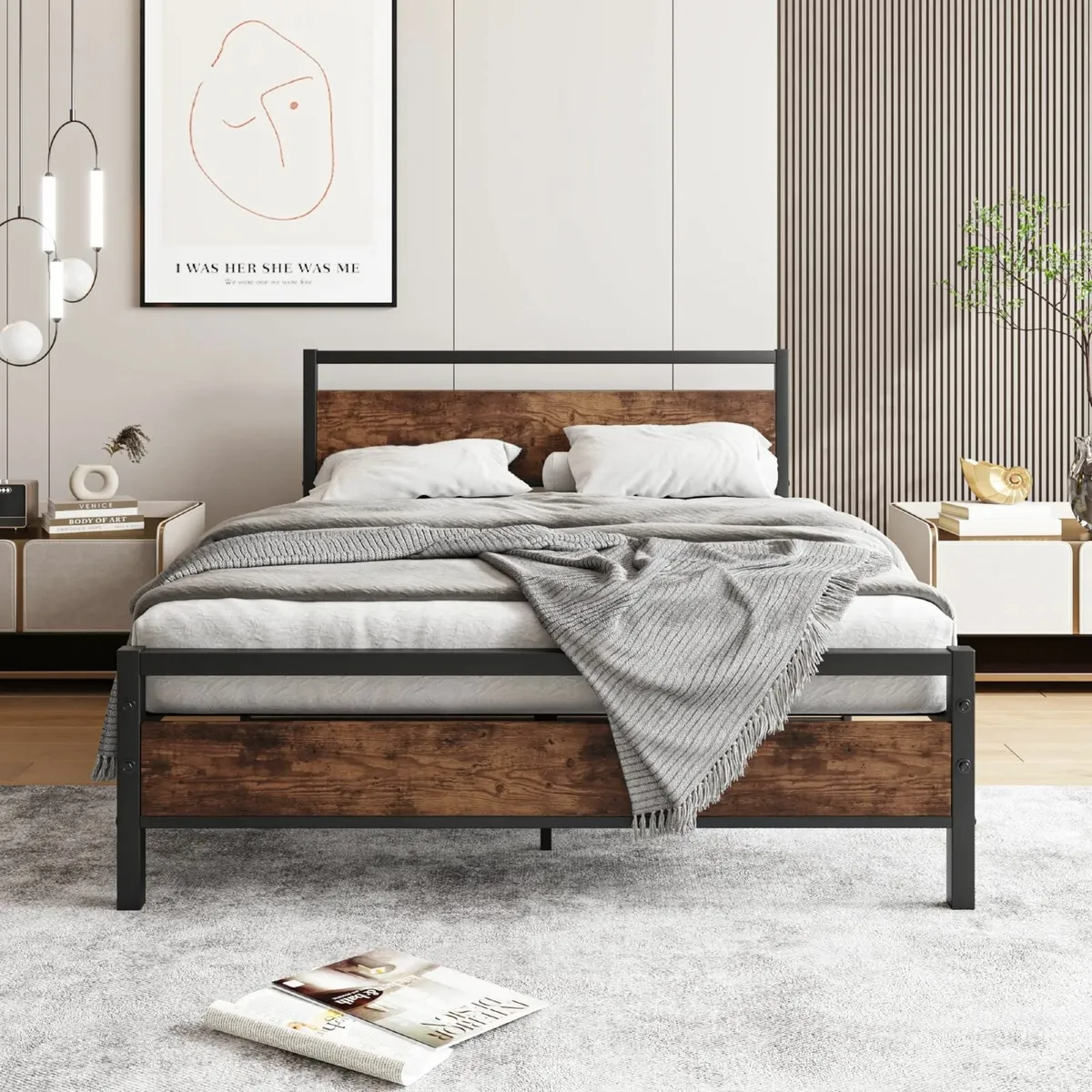 Double Bed Frame with Wooden Headboard Heavy Duty - Image 1
