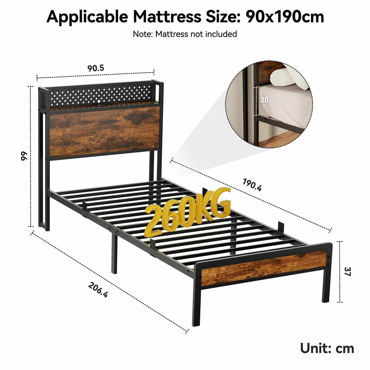 Single Bed Frame 90x190 cm with Storage Headboard - Image 2