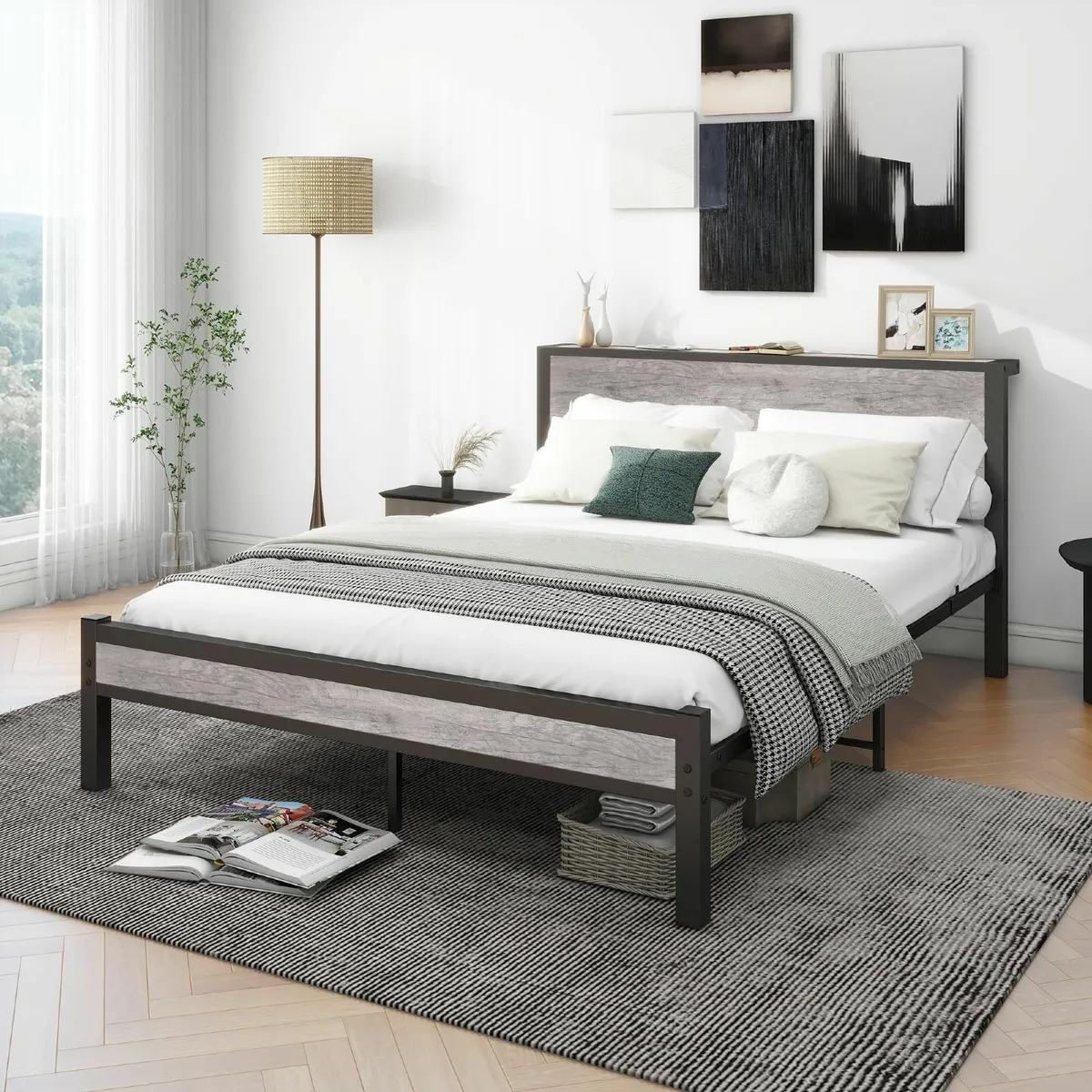King Size Bed Frame with Storage Headboard Metal - Image 1