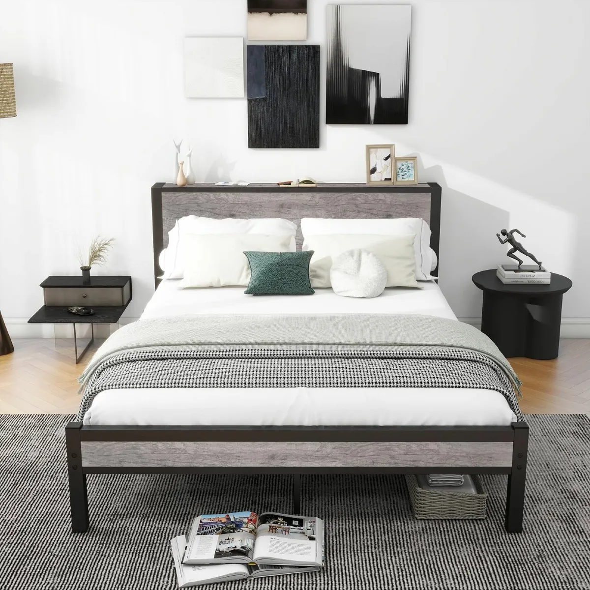 King Size Bed Frame with Storage Headboard Metal - Image 3