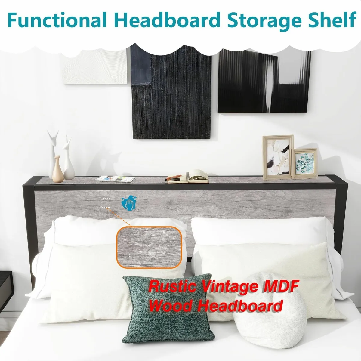 King Size Bed Frame with Storage Headboard Metal - Image 4