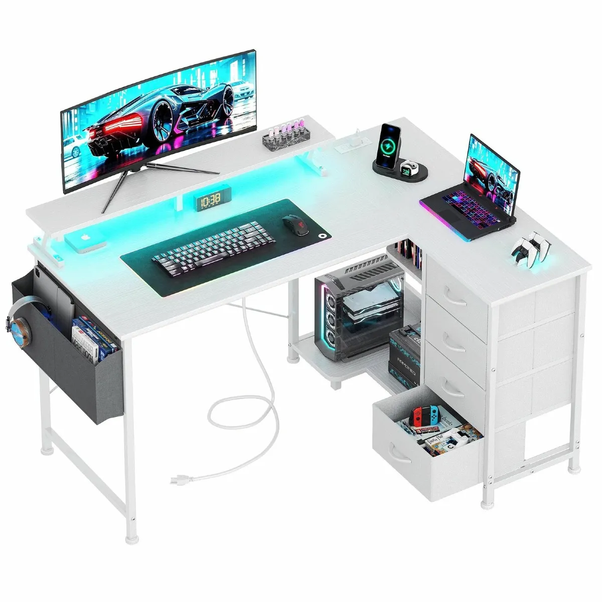 L Shaped Gaming Desk with 4 Drawers 47 Reversible - Image 1
