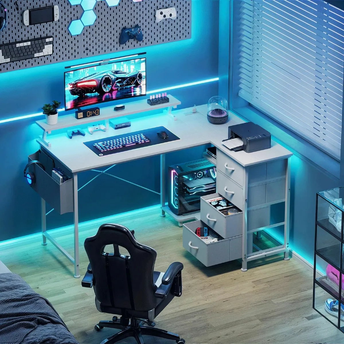 L Shaped Gaming Desk with 4 Drawers 47 Reversible - Image 2