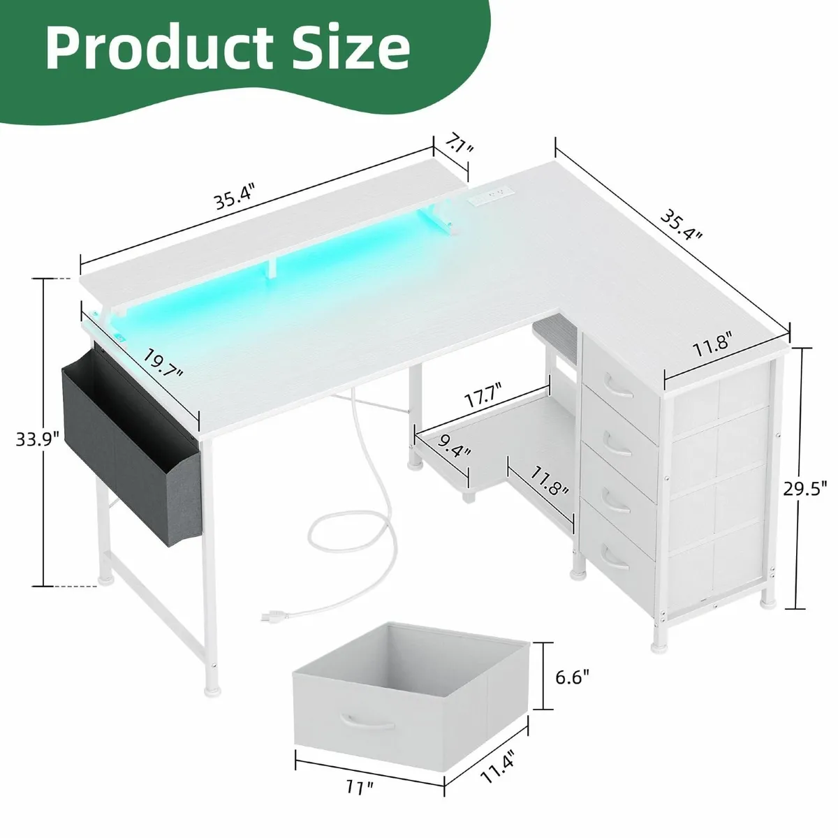 L Shaped Gaming Desk with 4 Drawers 47 Reversible - Image 3
