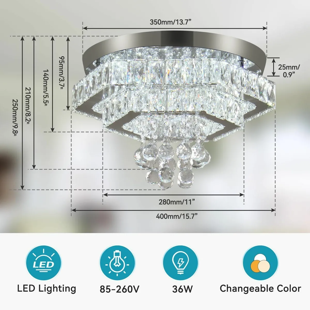15.7 Square Crystal LED Flush Mount Ceiling - Image 3
