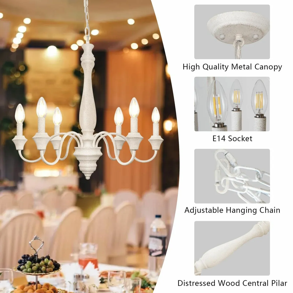 Retro White Chandelier 6 Lights Traditional - Image 2