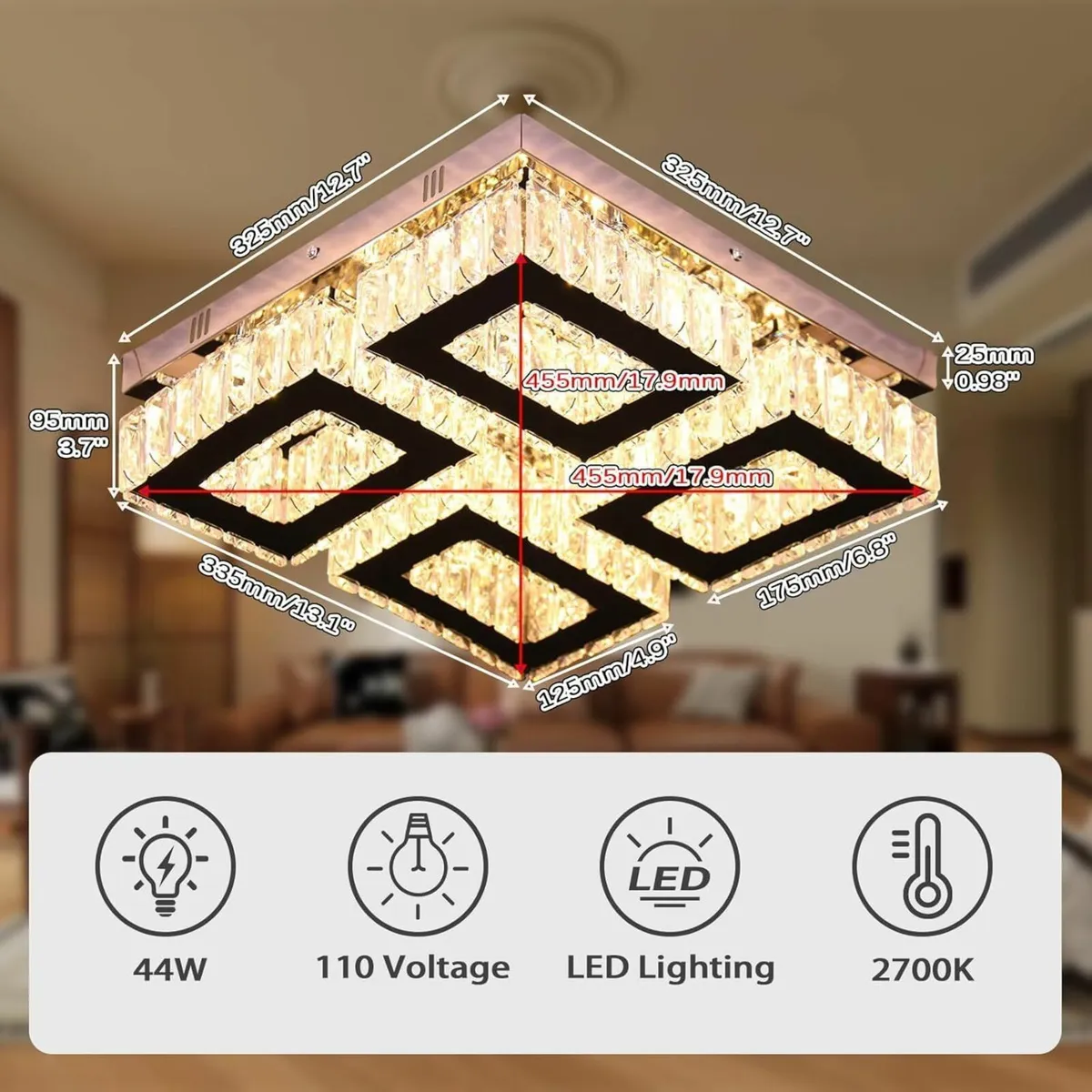 13.1''Square Crystal Chandelier Modern Ceiling - Image 3