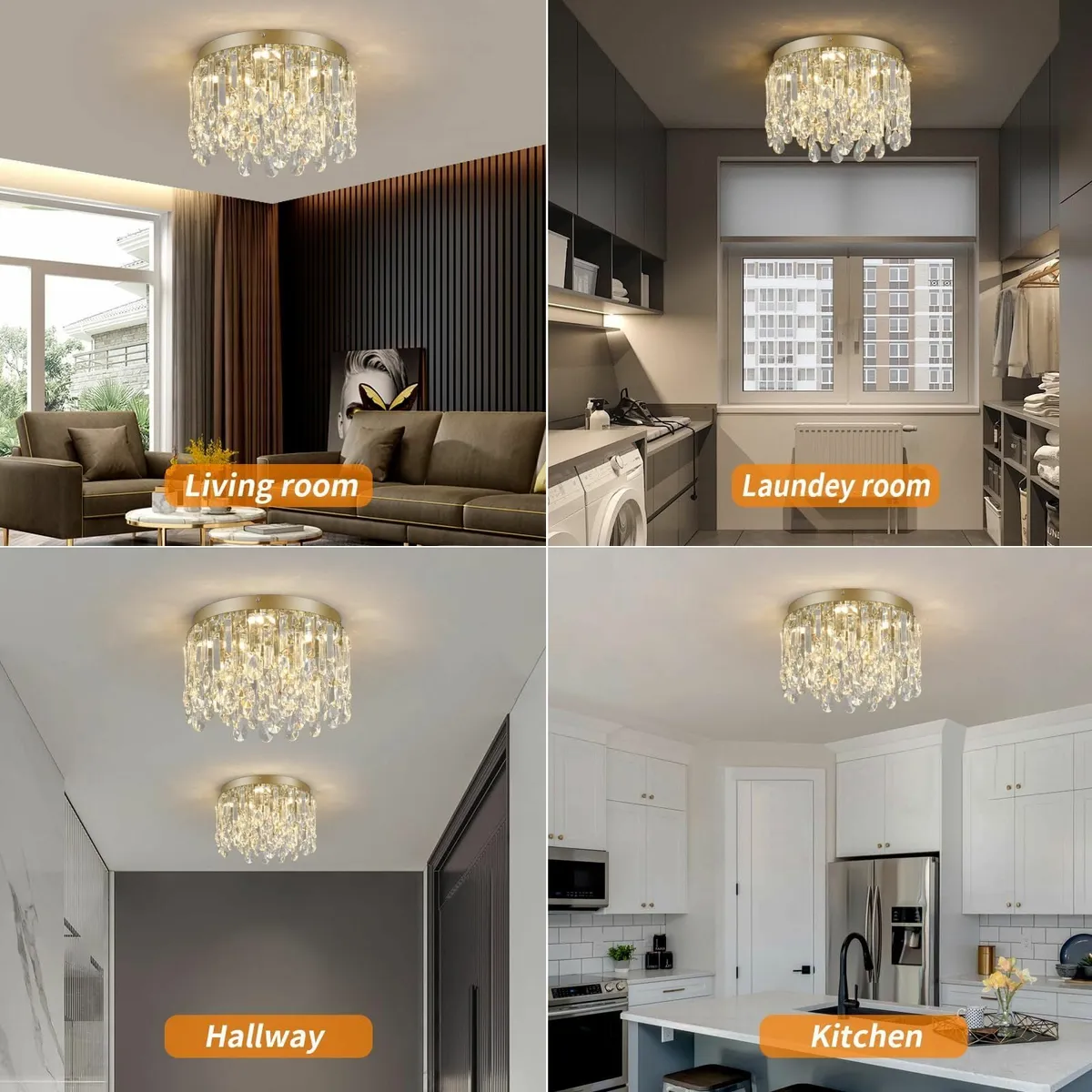 30cm Gold Crystal Flush Mount Ceiling Light - Image 3