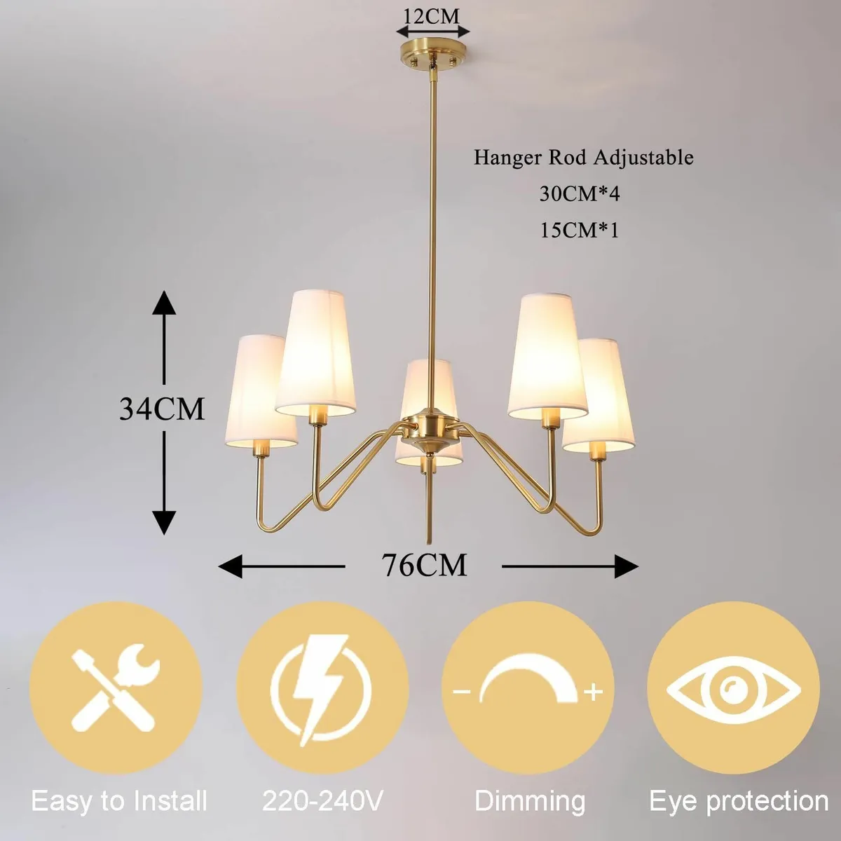 Modern Gold Chandelier 5-Light Pendant Light 76Cm - Image 2