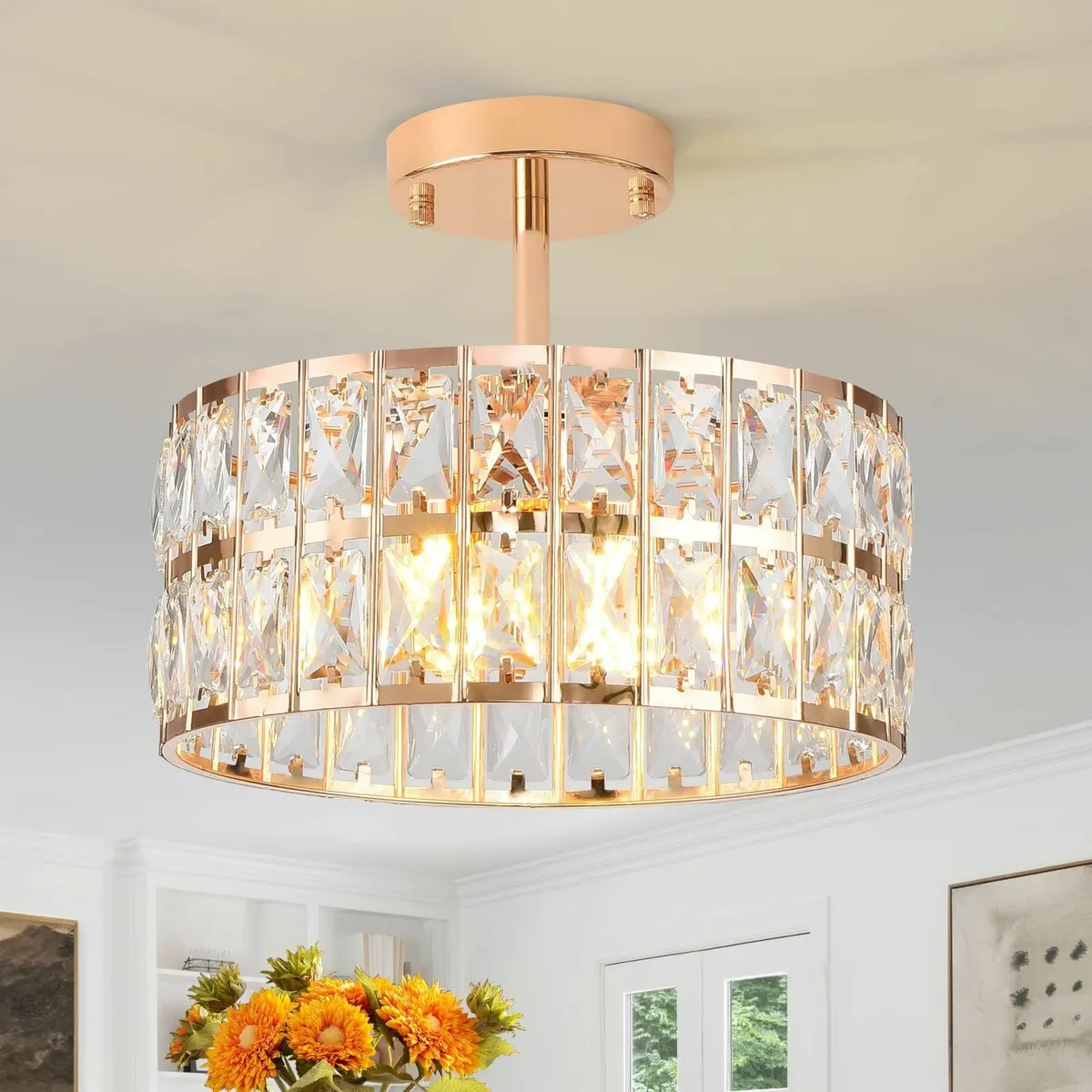 Gold Semi Flush Mount Drum K9 Crystal Chandelier - Image 1